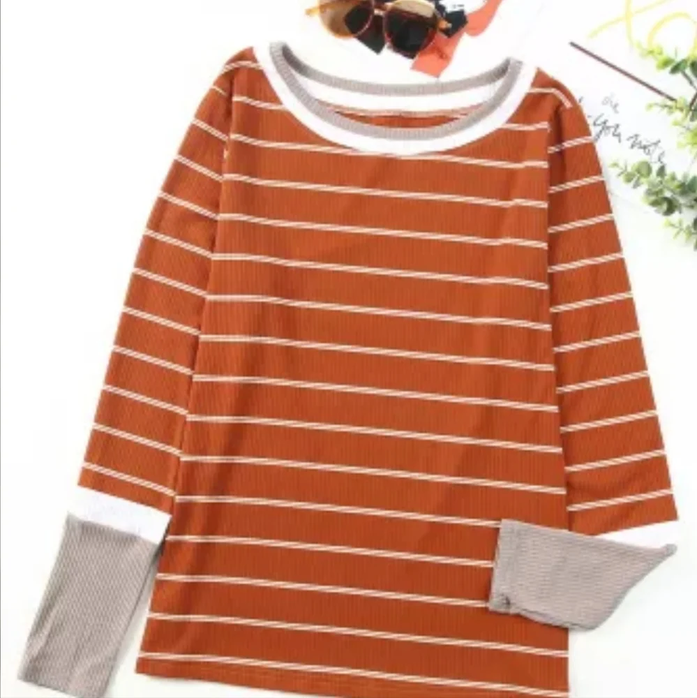 New Brown Extend Color Block Cuffs Rib Knit Striped Pullover - Picture 12 of 16